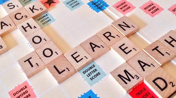 Letters spelling English words on scrabble board